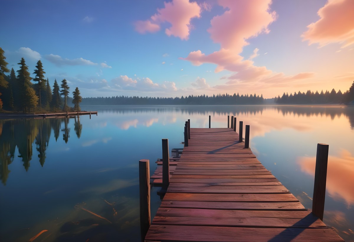 A Wooden Pier Stretches Out Into A Calm Lake